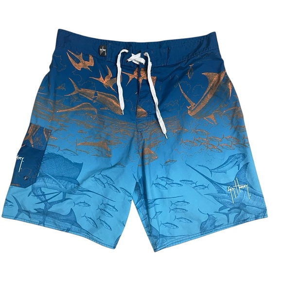Guy Harvey Ocean Blue and Orange Board Shorts - Picture 1 of 11